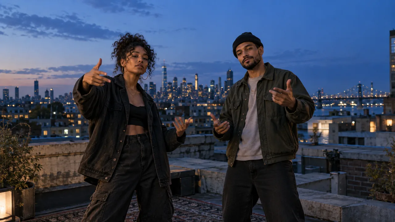 Two performers on a city rooftop beneath a blue-hour sky.